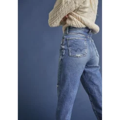 Jeans fille, boyfit COSA, 7/8ème bleu en coton