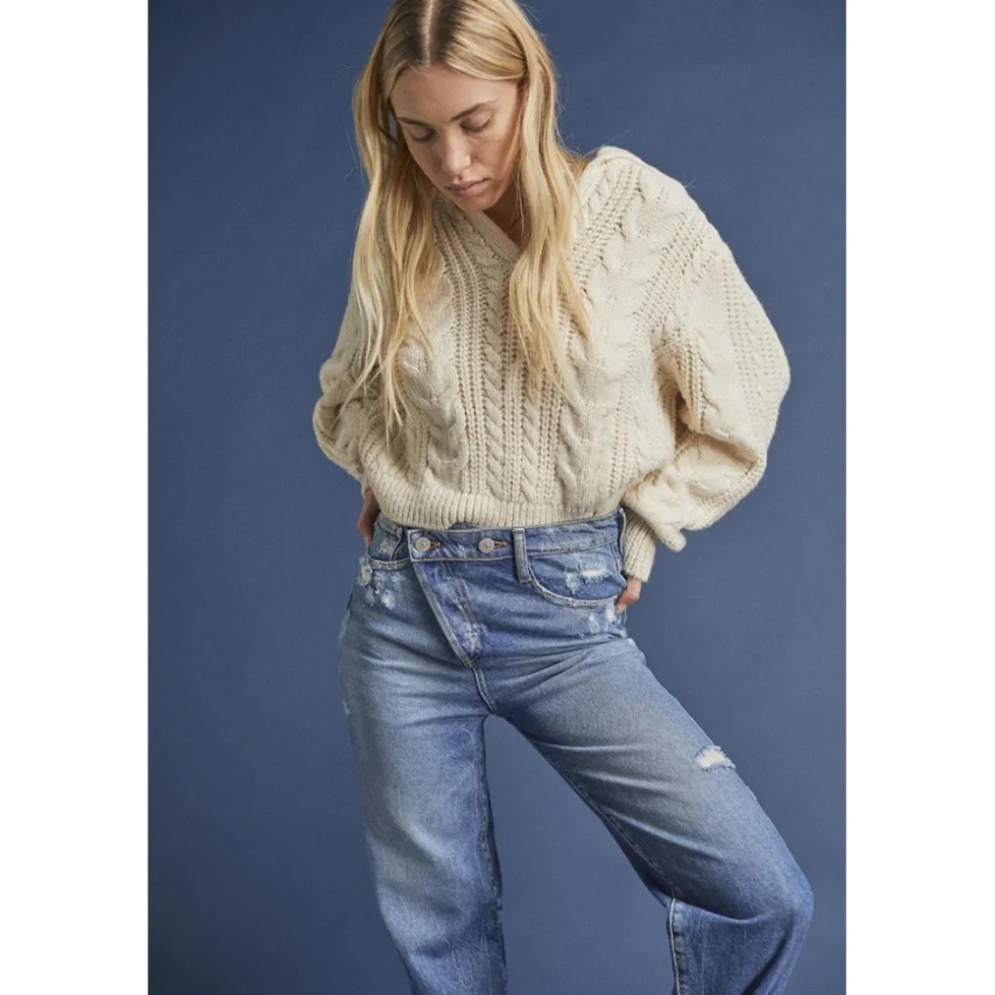 Jeans fille, boyfit COSA, 7/8ème bleu en coton