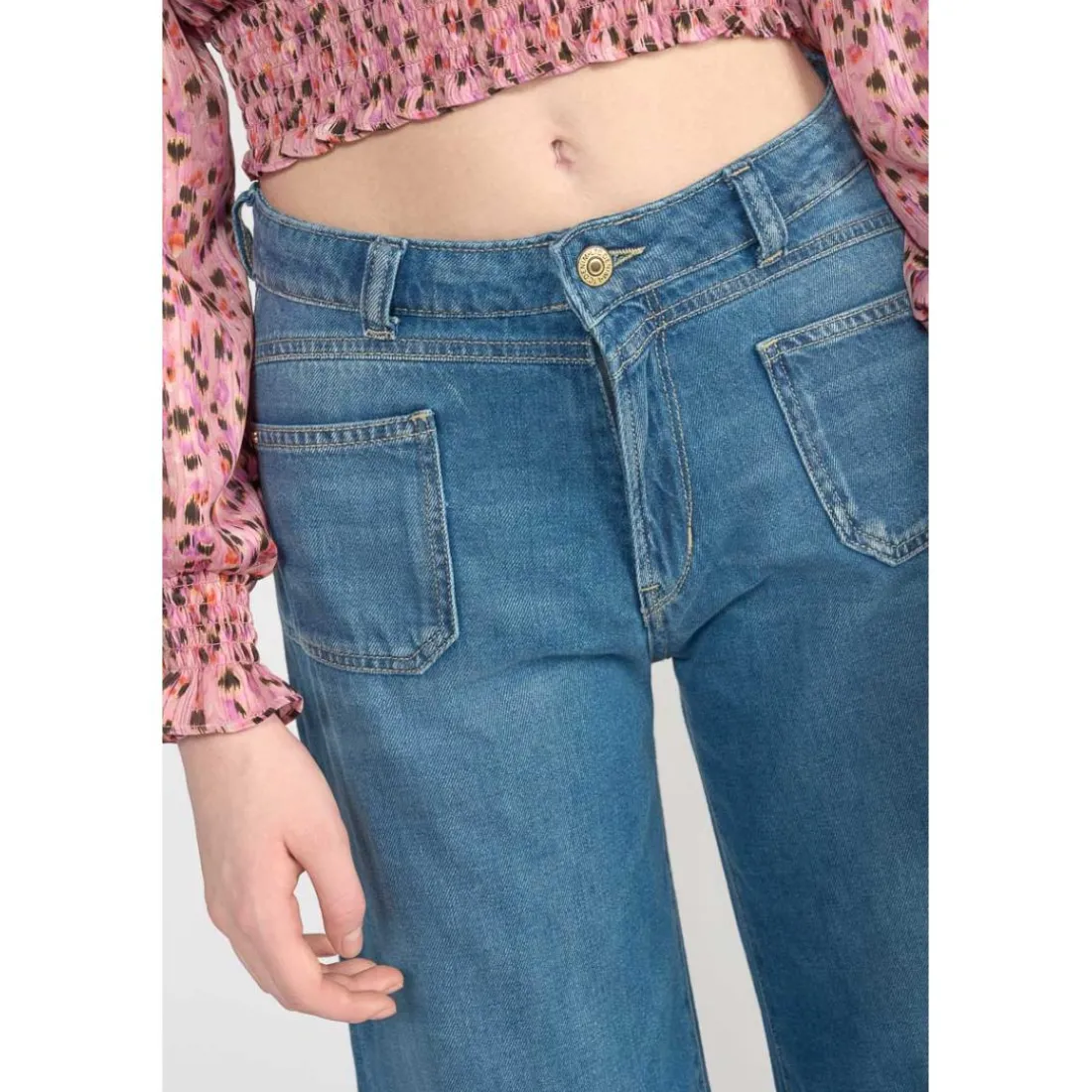 Jeans fille, flare, très évasé, longueur 34 bleu Iris en coton