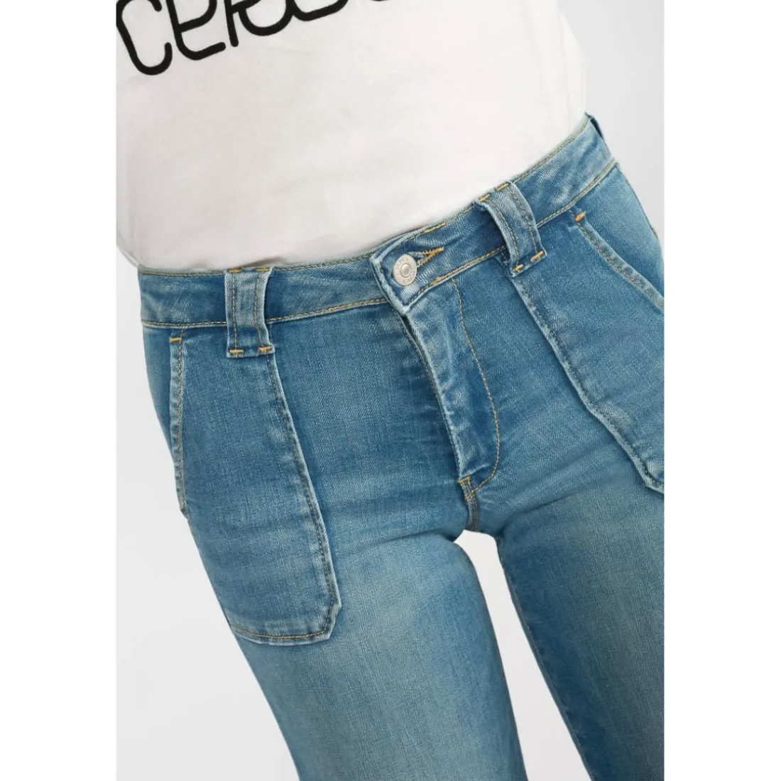 Jeans fille, flare, très évasé, longueur 34 bleu Nina en coton