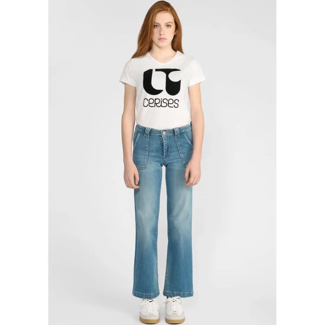 Jeans fille, flare, très évasé, longueur 34 bleu Nina en coton