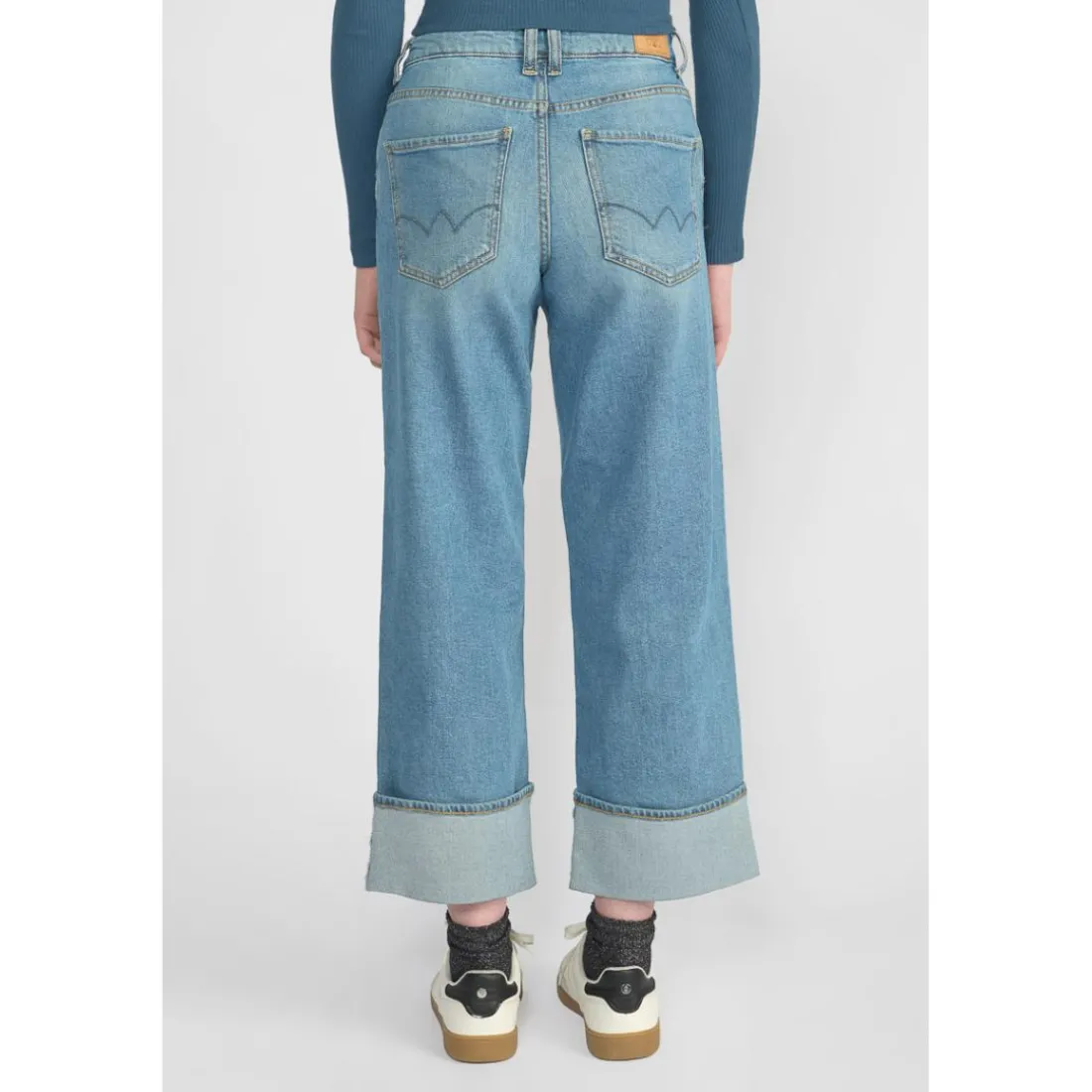 Jeans fille, regular, droit regular large taille haute, longueur 34 bleu Lise en coton