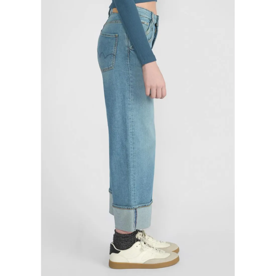 Jeans fille, regular, droit regular large taille haute, longueur 34 bleu Lise en coton