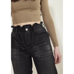 Jeans fille, regular, droit regular large taille haute, longueur 34 noir Eva en coton