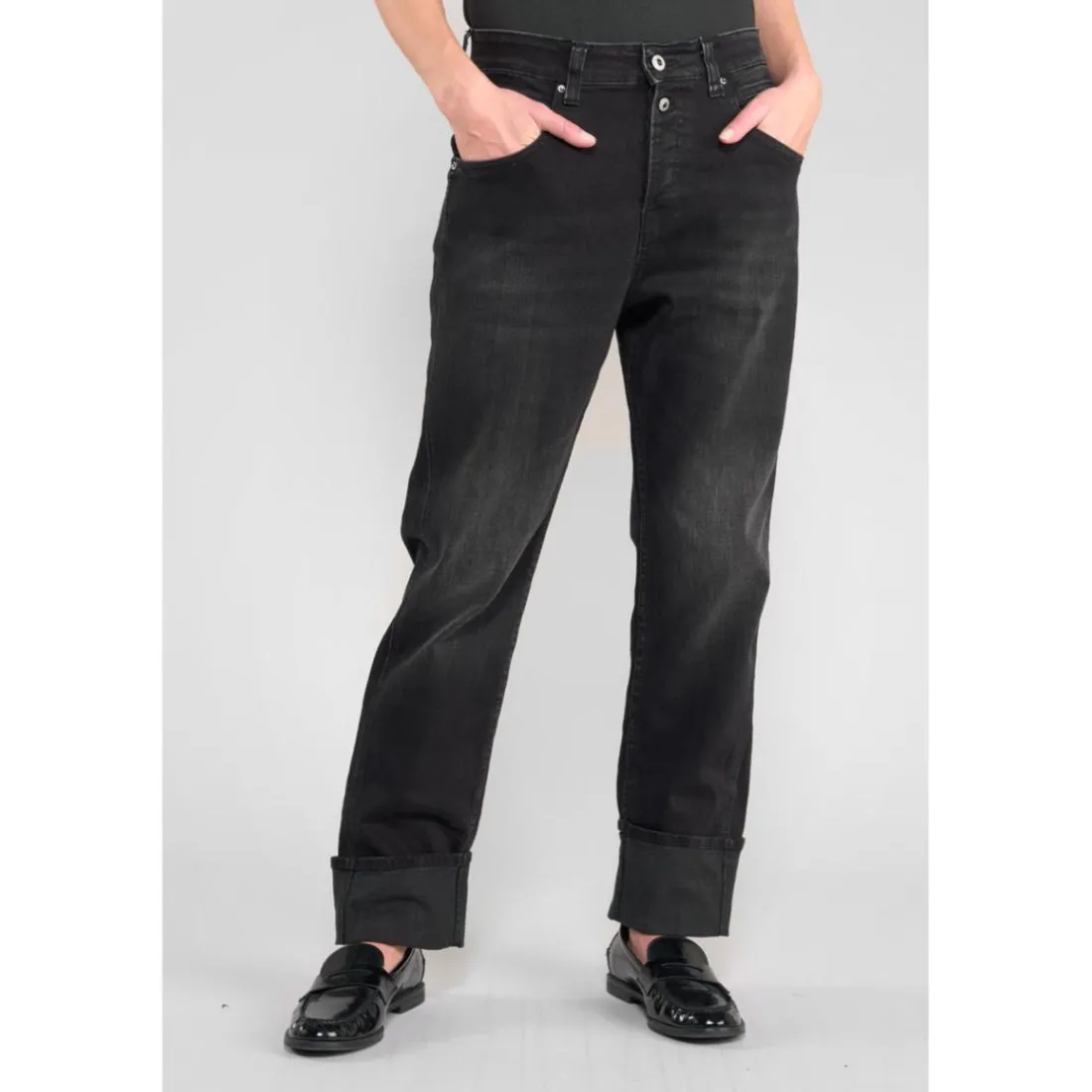 Jeans loose, large 400/60 girlfriend taille haute, longueur 34 noir Alma