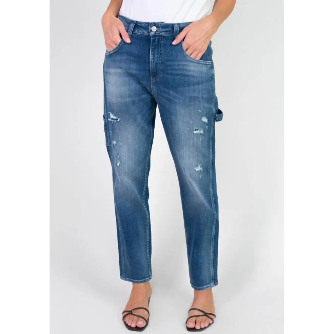 Jeans loose, large 400/60 girlfriend taille haute, longueur 34 bleu en coton Ruth