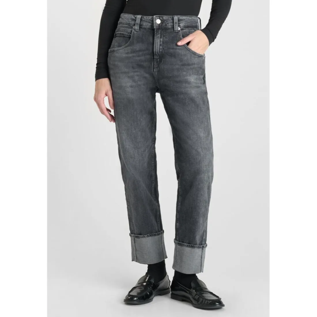 Jeans loose, large 400/60 girlfriend taille haute, longueur 34 gris Eva en coton