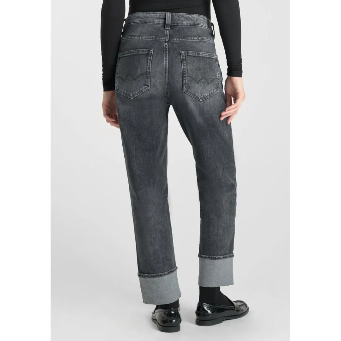 Jeans loose, large 400/60 girlfriend taille haute, longueur 34 gris Eva en coton