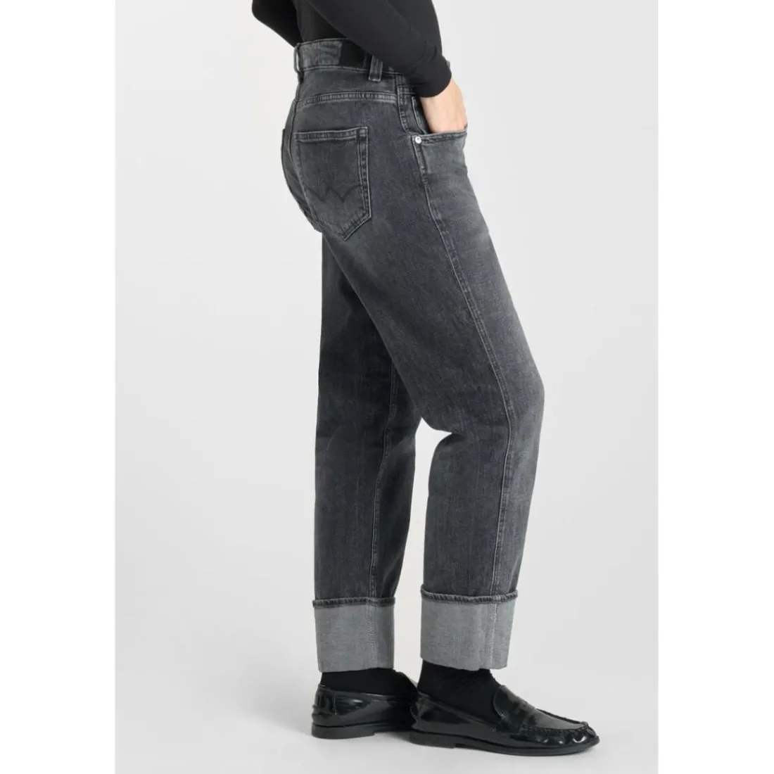Jeans loose, large 400/60 girlfriend taille haute, longueur 34 gris Eva en coton