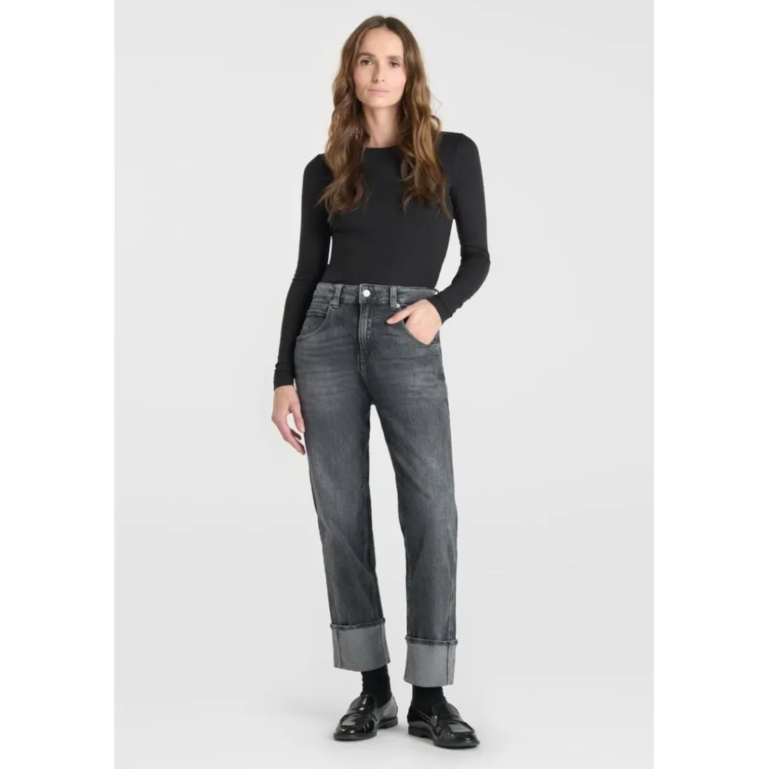 Jeans loose, large 400/60 girlfriend taille haute, longueur 34 gris Eva en coton
