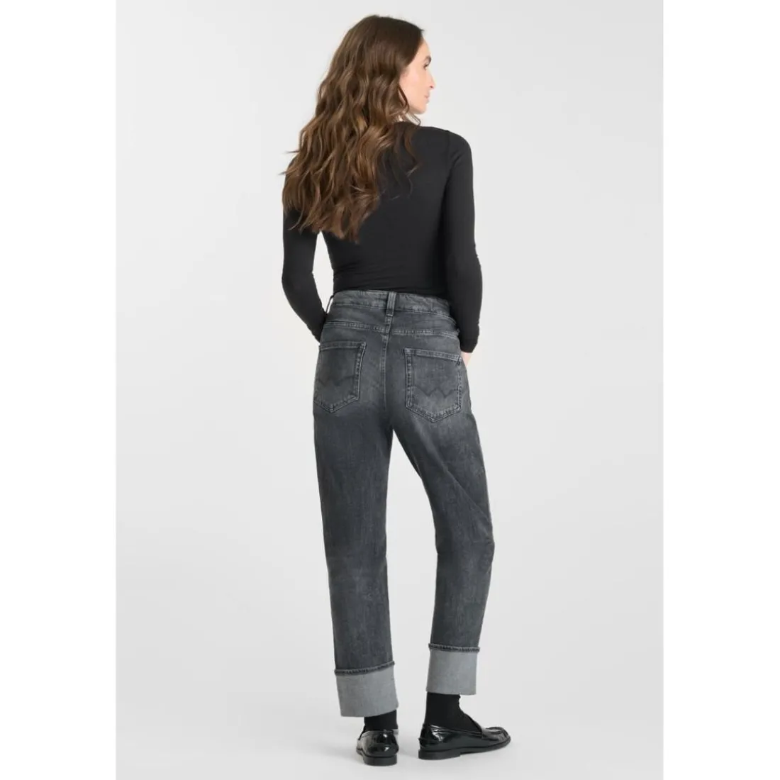 Jeans loose, large 400/60 girlfriend taille haute, longueur 34 gris Eva en coton
