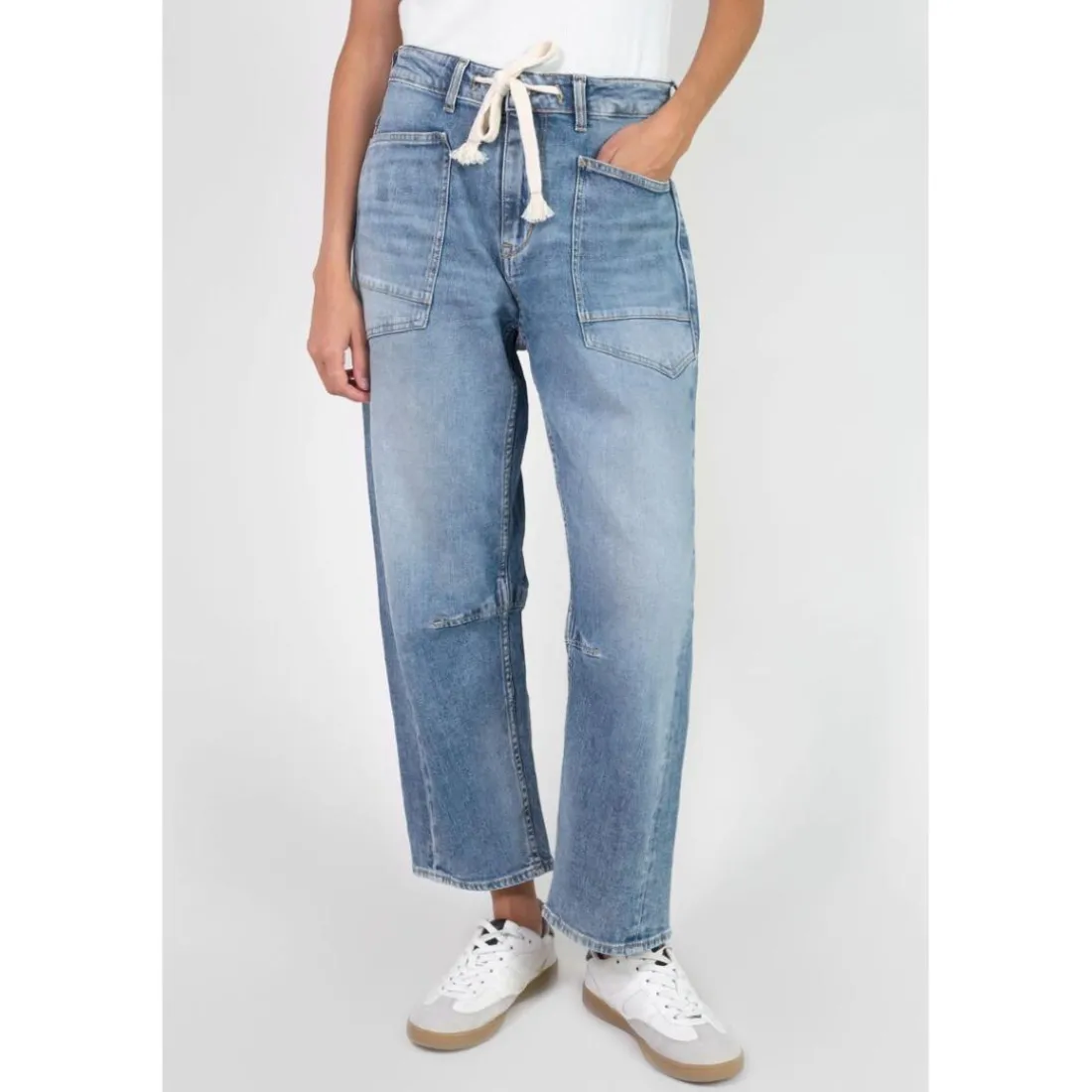 Jeans loose, large balloon taille haute, longueur 34 bleu en coton Rhea