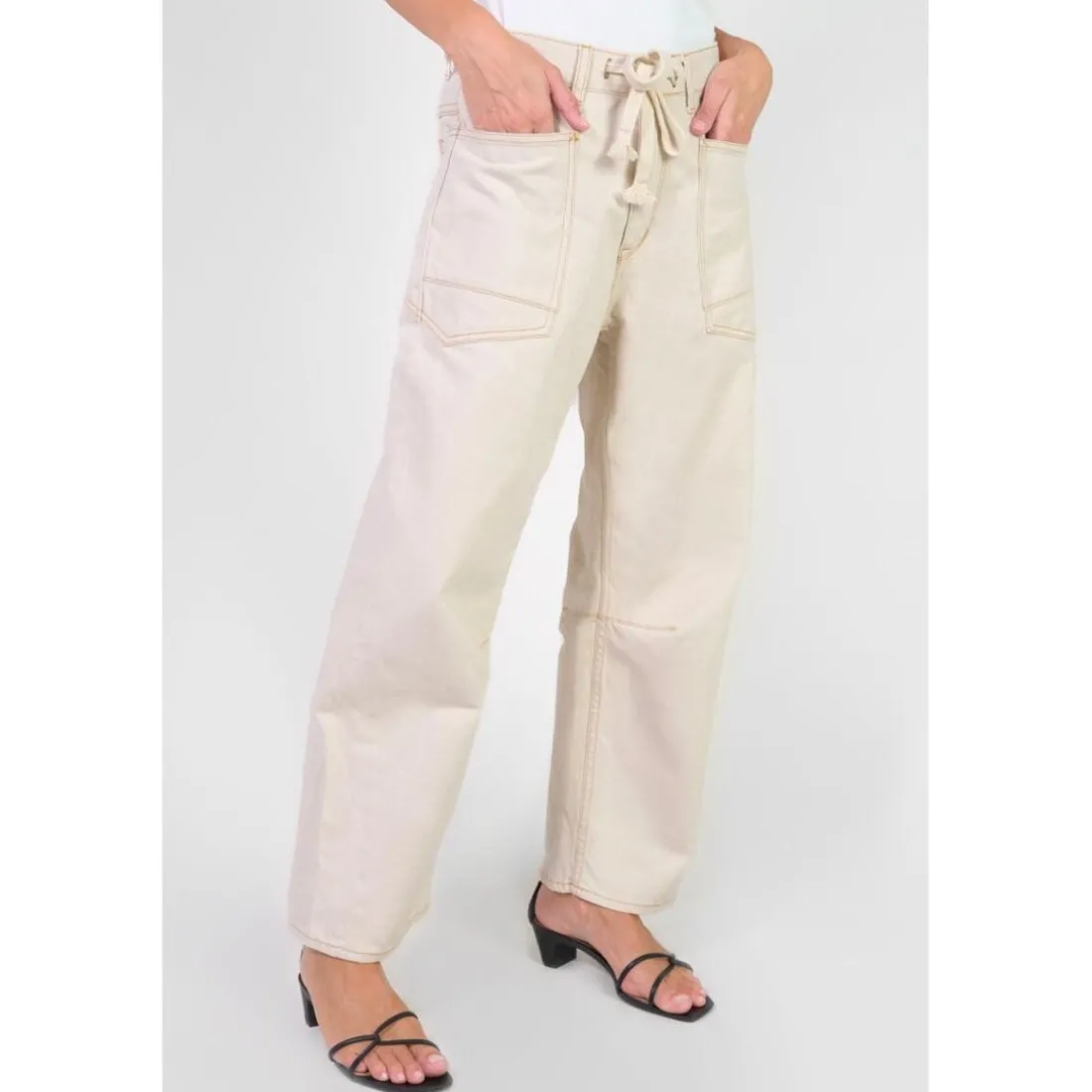 Jeans loose, large balloon taille haute, longueur 34 blanc Luna