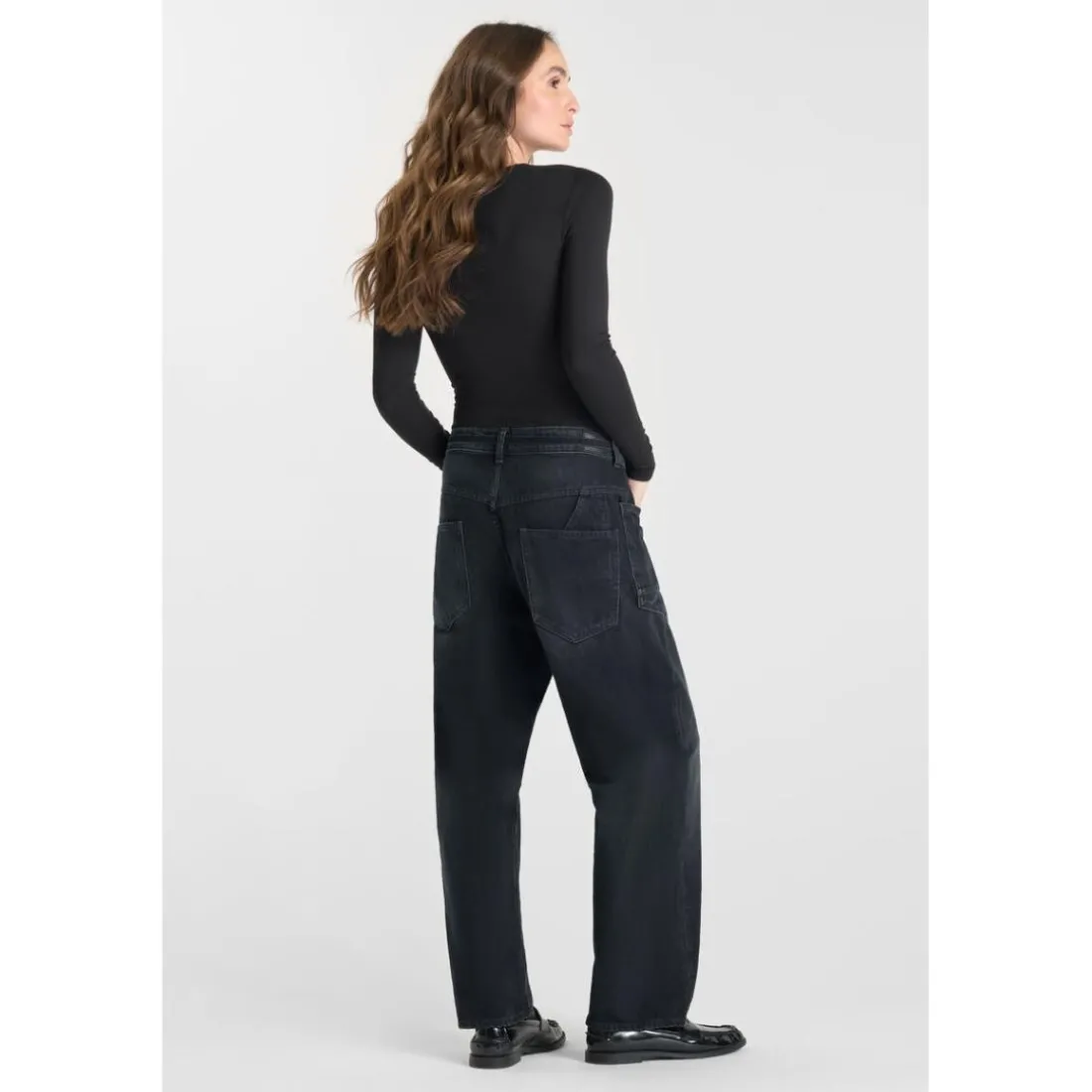 Jeans loose, large balloon taille haute, longueur 34 bleu en coton Alia
