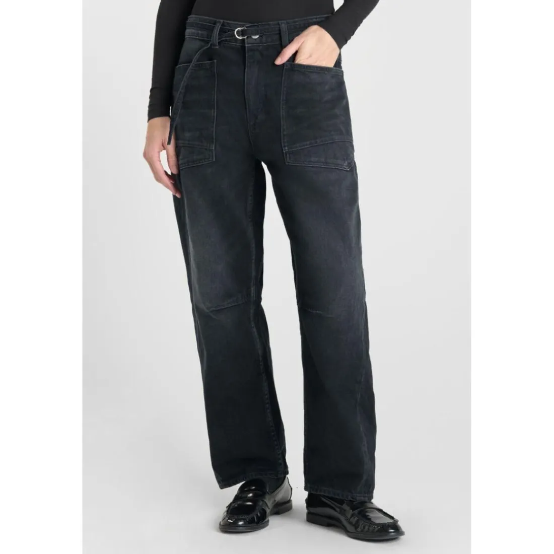 Jeans loose, large balloon taille haute, longueur 34 bleu en coton Alia