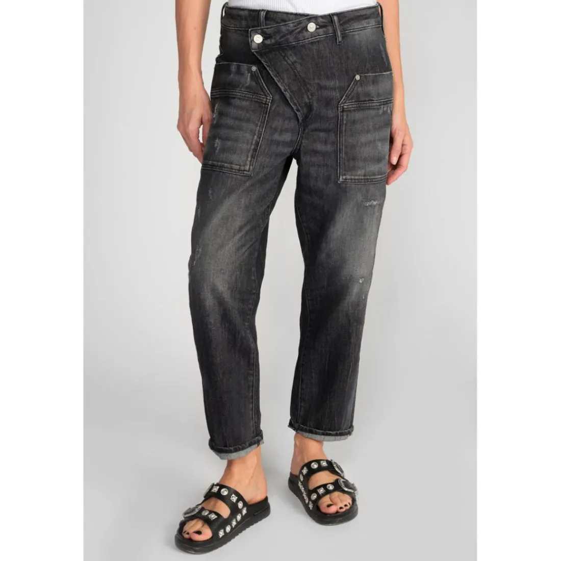 Jeans loose, large cosy, 7/8ème noir Meg en coton