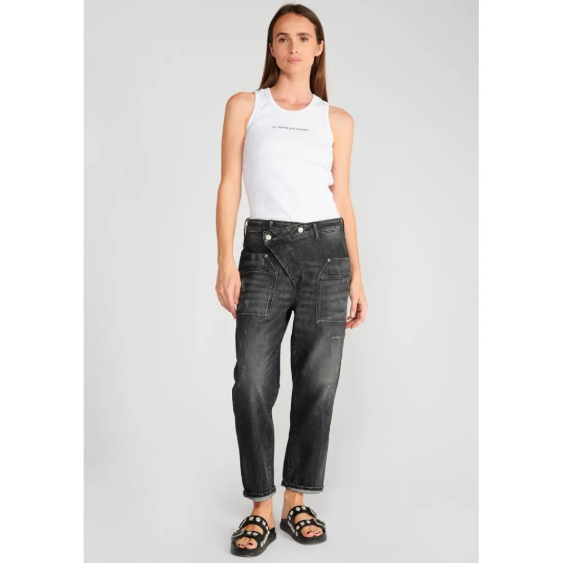 Jeans loose, large cosy, 7/8ème noir Meg en coton