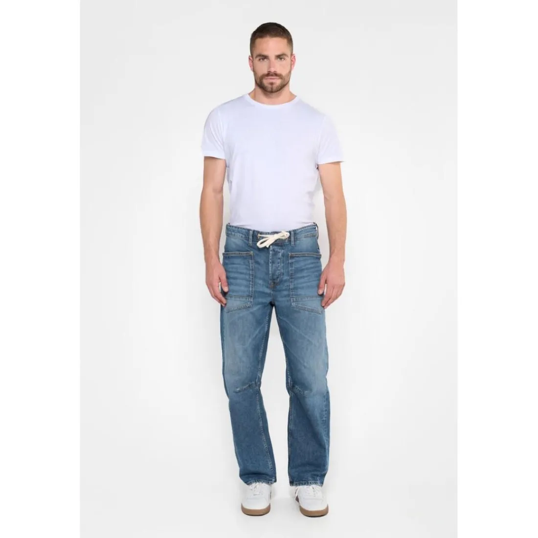 Jeans loose, large HOBO, longueur 34 bleu Van en coton