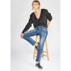 Jeans regular, droit 400/17 mom taille haute 7/8ème bleu en coton