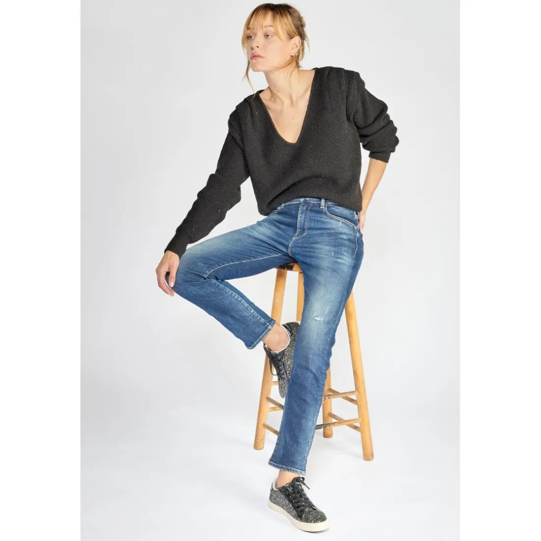 Jeans regular, droit 400/17 mom taille haute 7/8ème bleu en coton