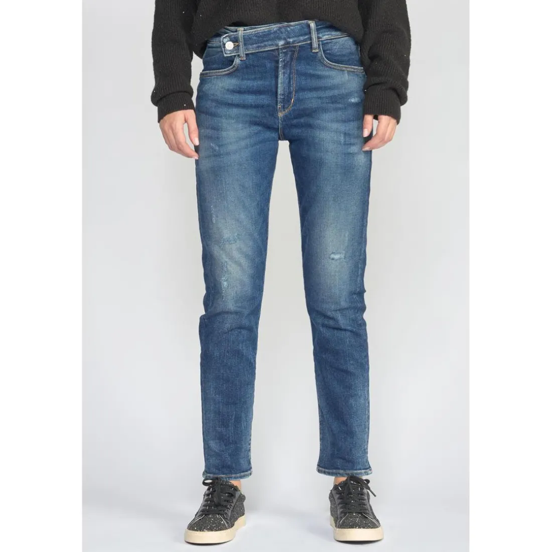 Jeans regular, droit 400/17 mom taille haute 7/8ème bleu en coton