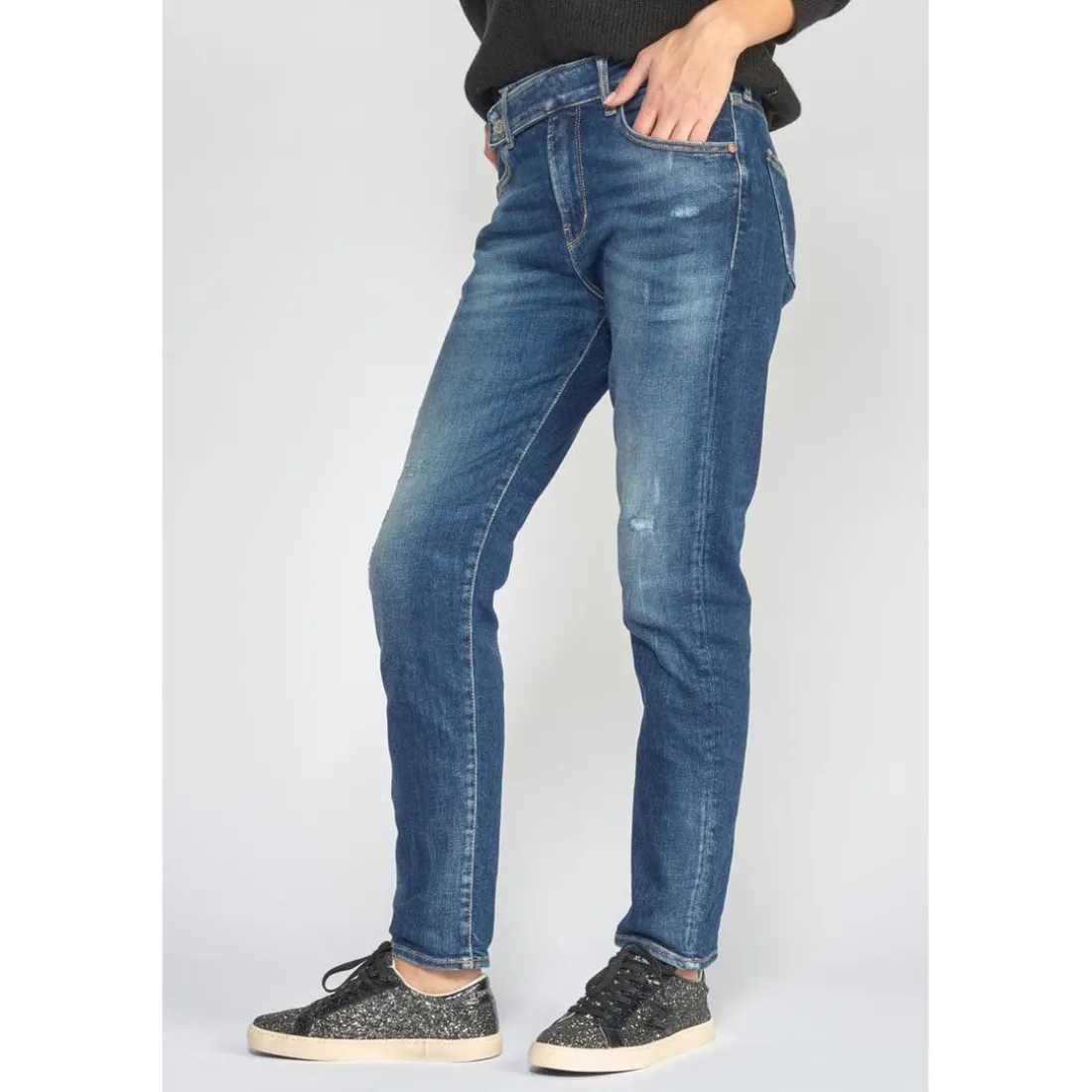 Jeans regular, droit 400/17 mom taille haute 7/8ème bleu en coton