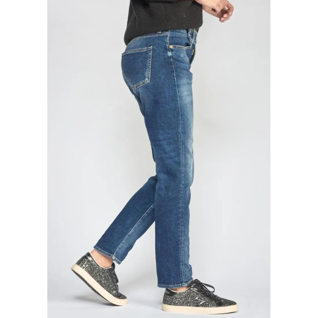 Jeans regular, droit 400/17 mom taille haute 7/8ème bleu en coton