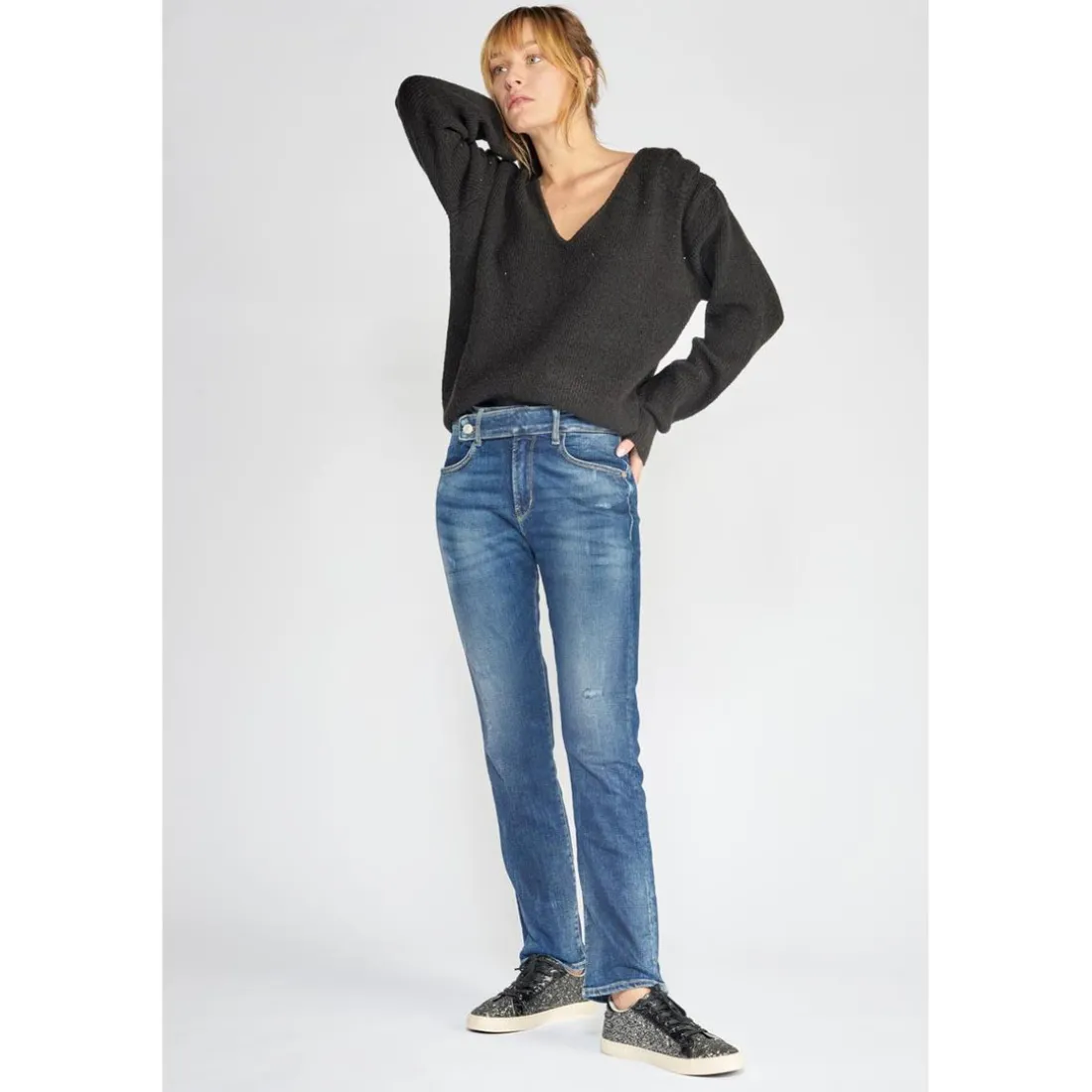 Jeans regular, droit 400/17 mom taille haute 7/8ème bleu en coton