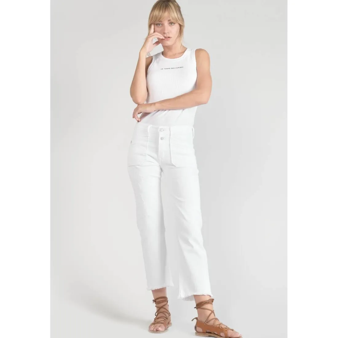 Jeans regular, droit pricilia, 7/8ème blanc en coton