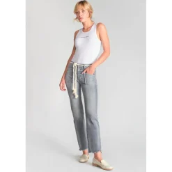 Jeans regular, droit pricilia, 7/8ème gris en coton