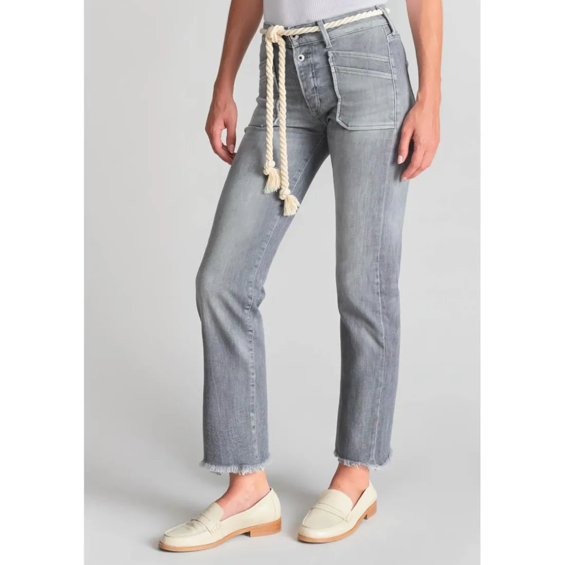 Jeans regular, droit pricilia, 7/8ème gris en coton
