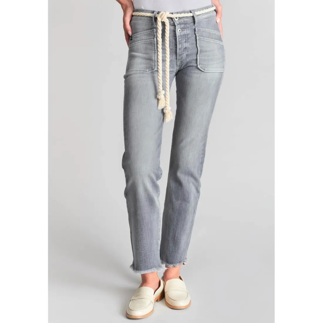 Jeans regular, droit pricilia, 7/8ème gris en coton