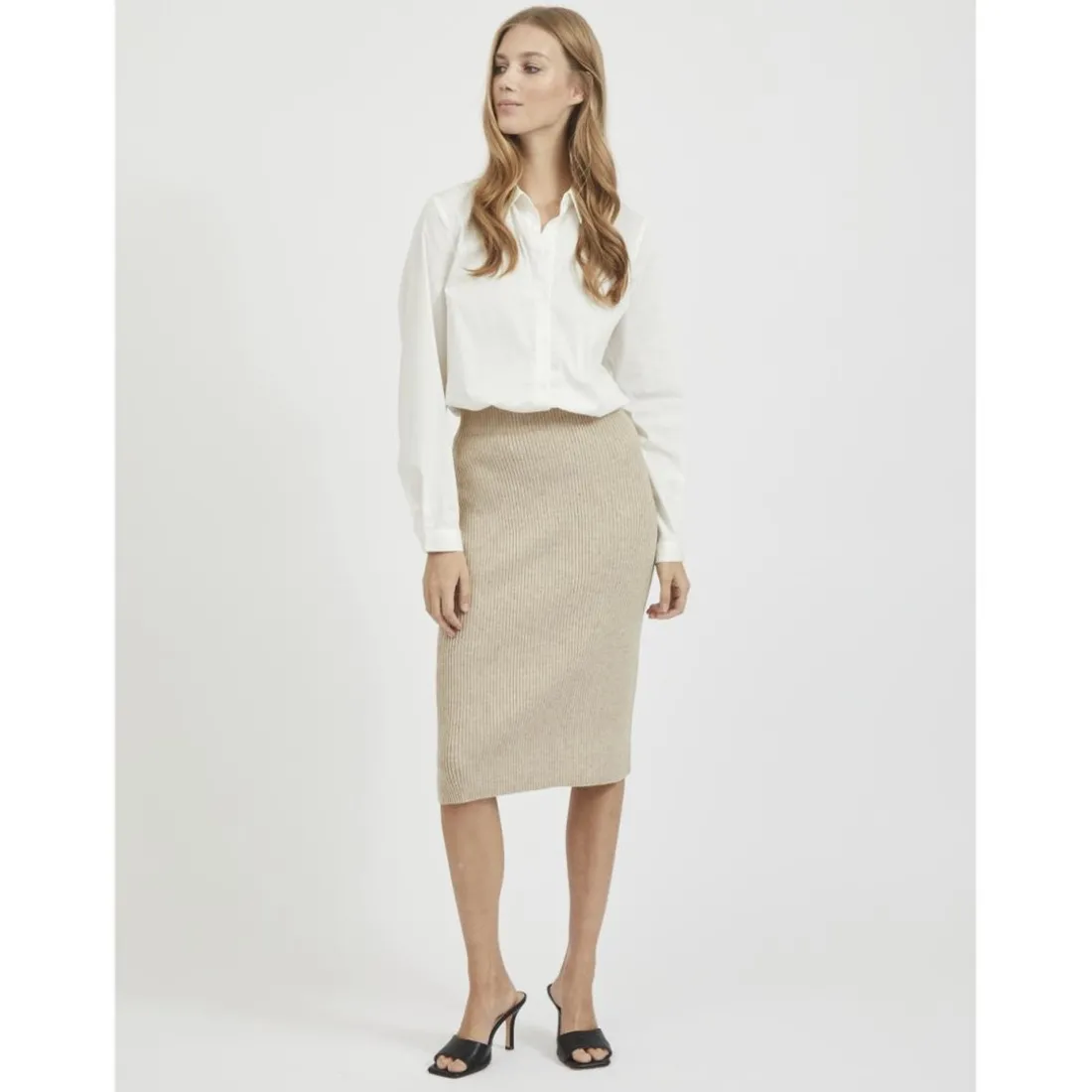 Jupe longue en maille taille haute marron clair