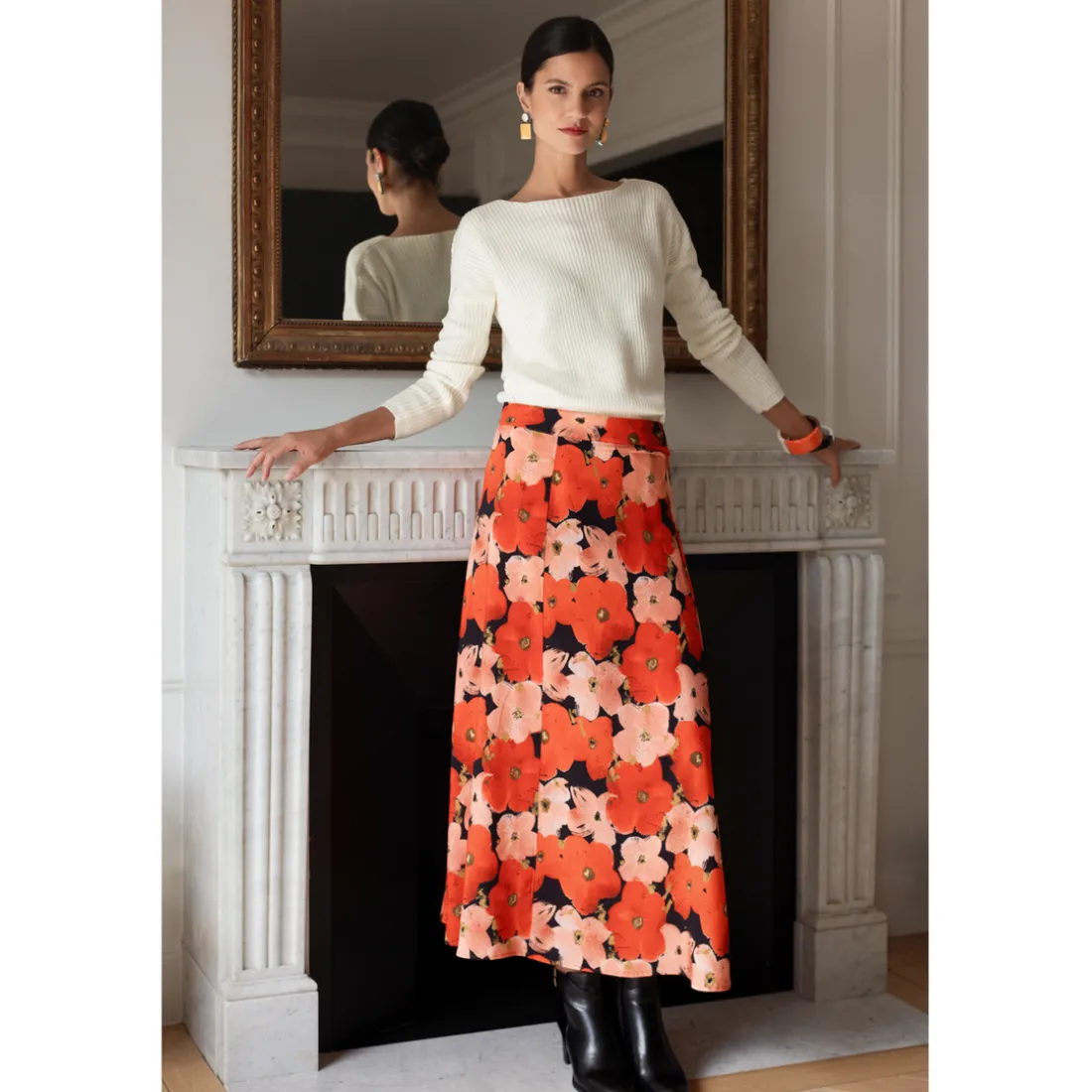 Jupe longue imprimée coquelicat - Clotilde rouge en viscose