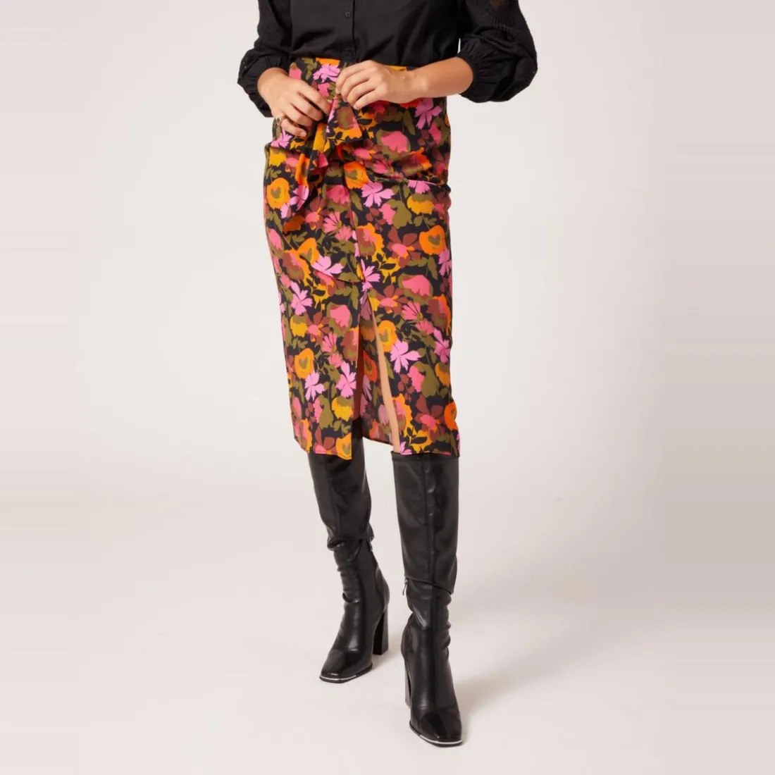 Jupe midi imprimée orange en viscose