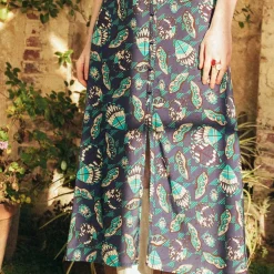 Jupe mi-longue boutonnée Caly Réédition bleu en viscose