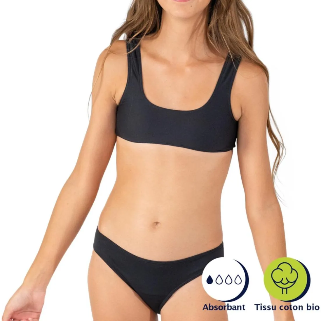 Maillot de bain pour les règles 2 pièces fille Athena noir