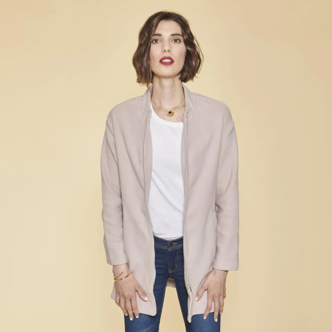 Manteau zippé col arrondi manches longues femme - Rose
