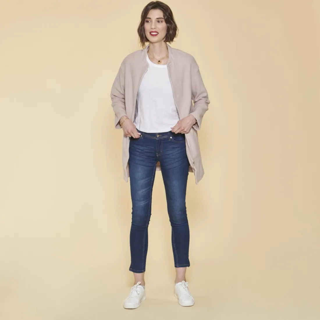 Manteau zippé col arrondi manches longues femme - Rose