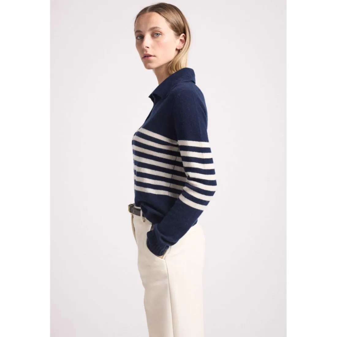 Mariniere col polo cotes BIANCA en cachemire bleu marine et blanc