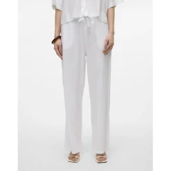 Pantalon à jambe large taille moyenne blanc en lin Lara