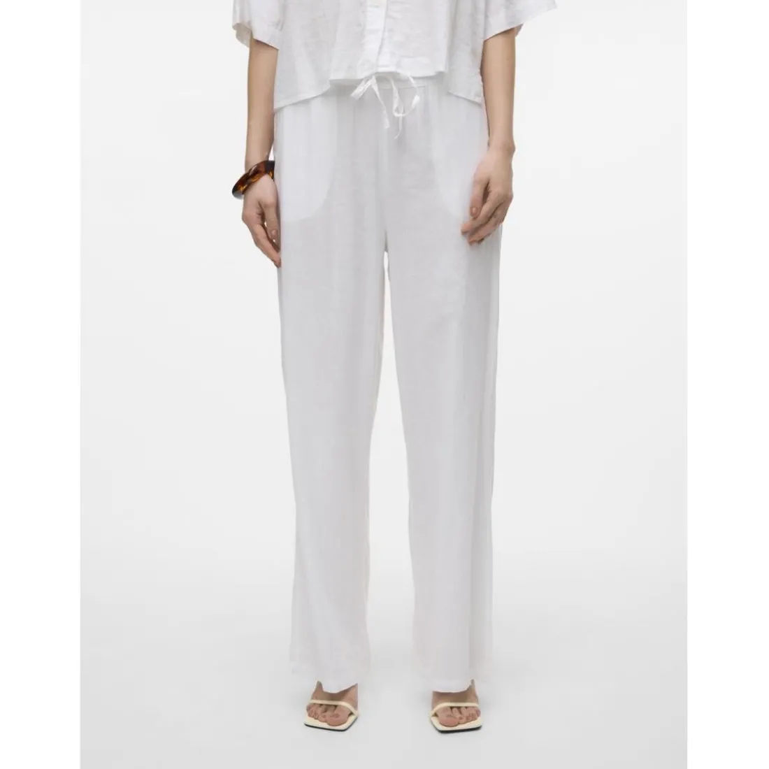 Pantalon à jambe large taille moyenne blanc en lin Lara