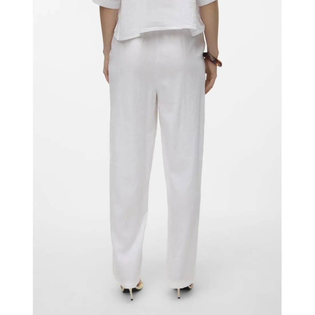 Pantalon à jambe large taille moyenne blanc en lin Lara