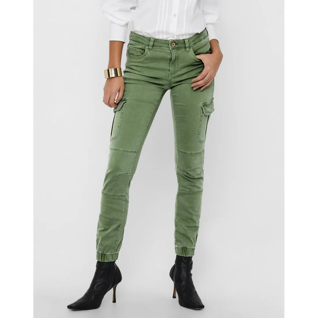 Pantalon cargo Détails cargo vert en coton Fleur