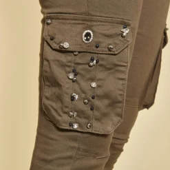 Pantalon cargo sur chevilles poches latérales et coutures genoux femme - Kaki vert en coton