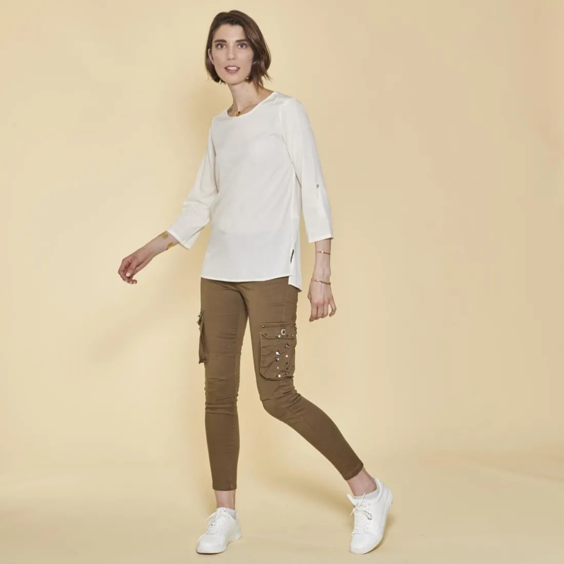Pantalon cargo sur chevilles poches latérales et coutures genoux femme - Kaki vert en coton