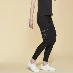 Pantalon cargo sur chevilles poches latérales et coutures genoux femme - Noir en coton