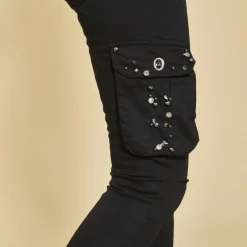 Pantalon cargo sur chevilles poches latérales et coutures genoux femme - Noir en coton