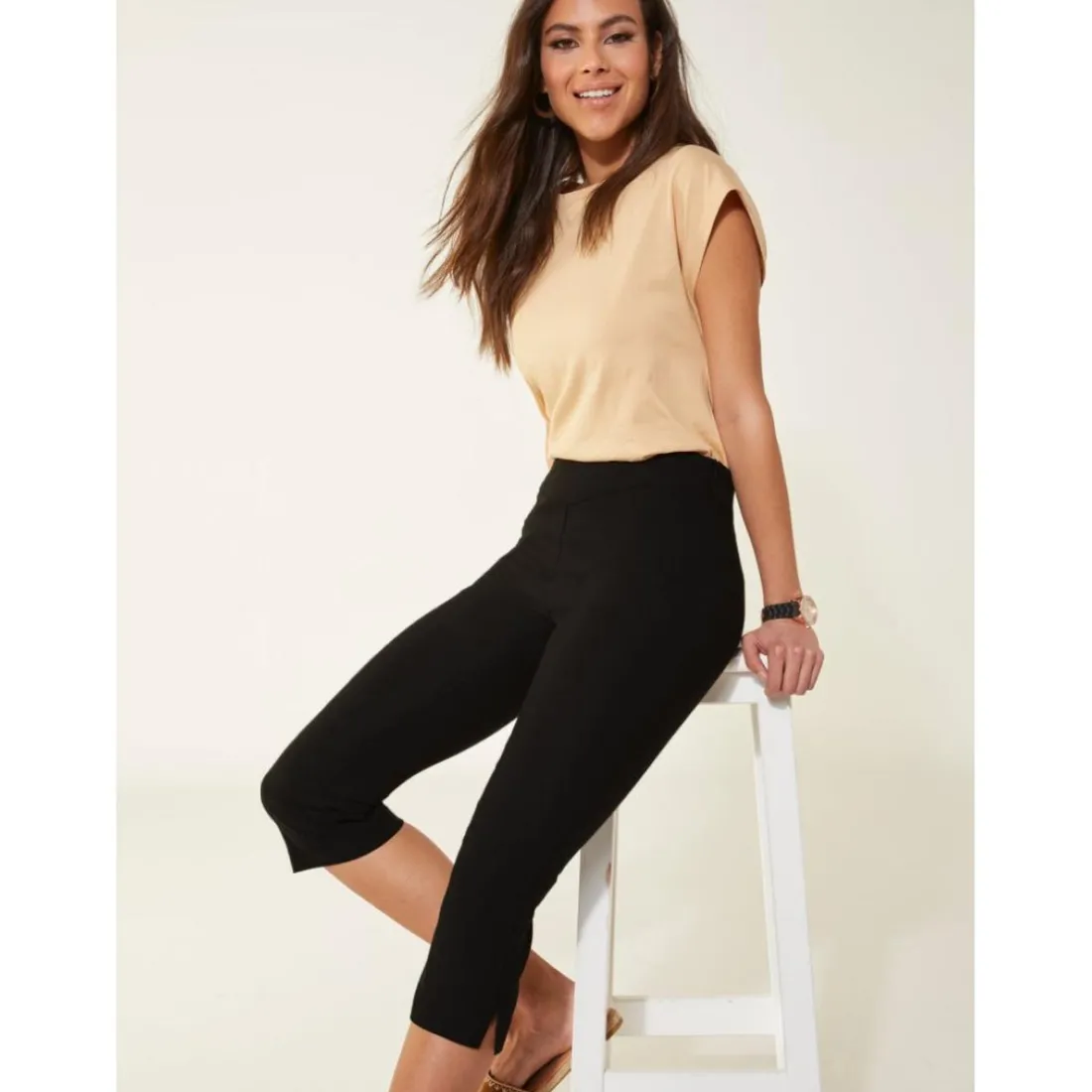 Pantalon corsaire élastique ventre plat femme noir