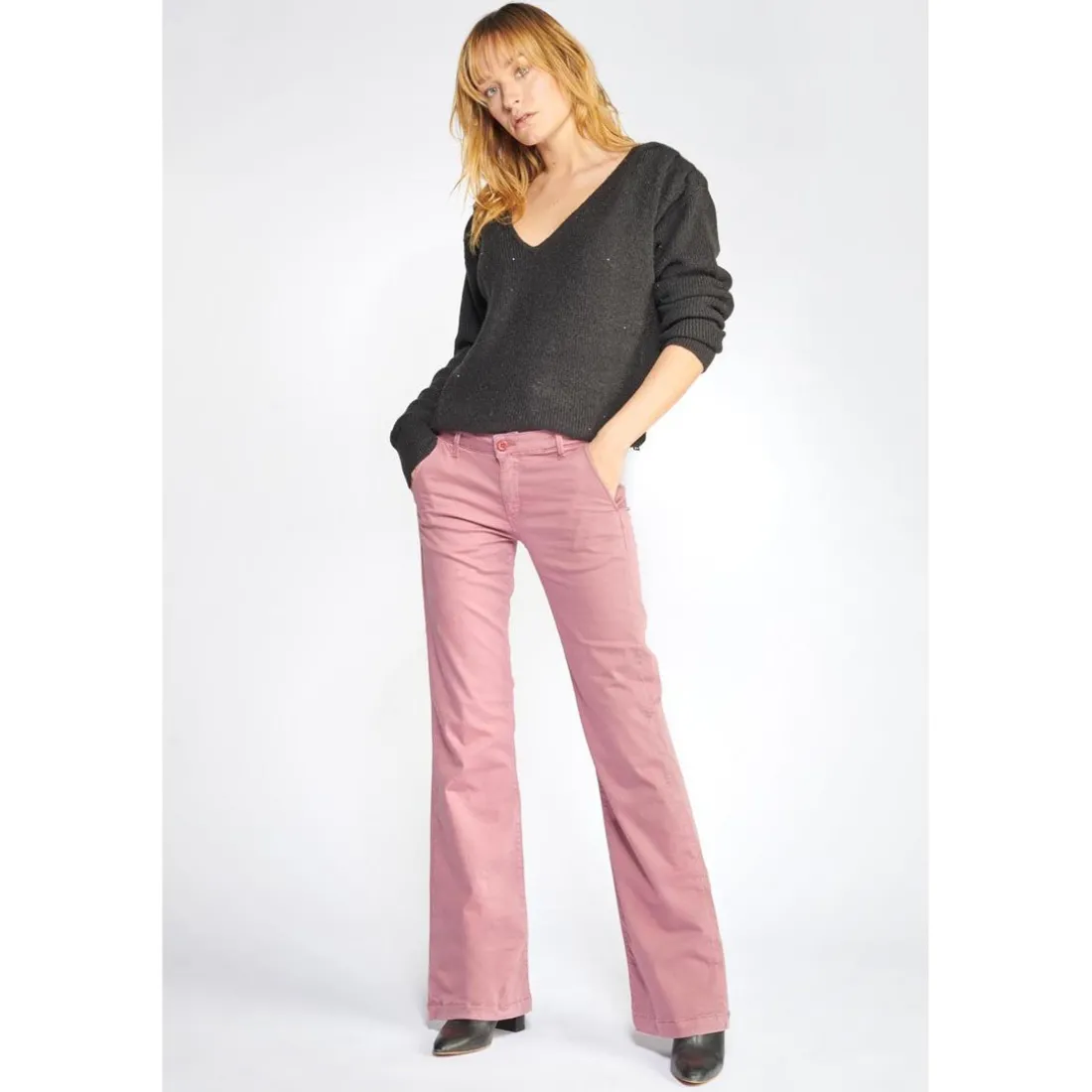 Pantalon Flare Joelle rose poudré en coton